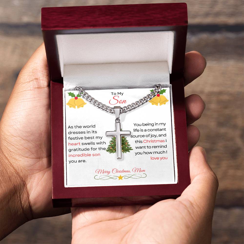 TO MY SON | MERRY CHRISTMAS | FROM MOM | CUBAN CHAIN WITH ARTISAN CROSS NECKLACE