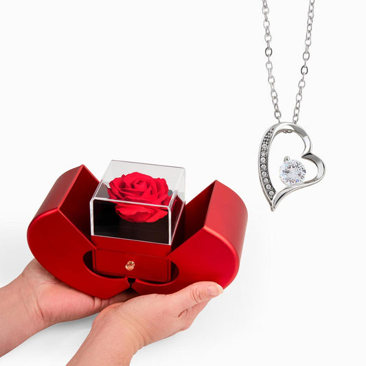 FOREVER LOVE NECKLACE WITH RED HEART ROSE BOX