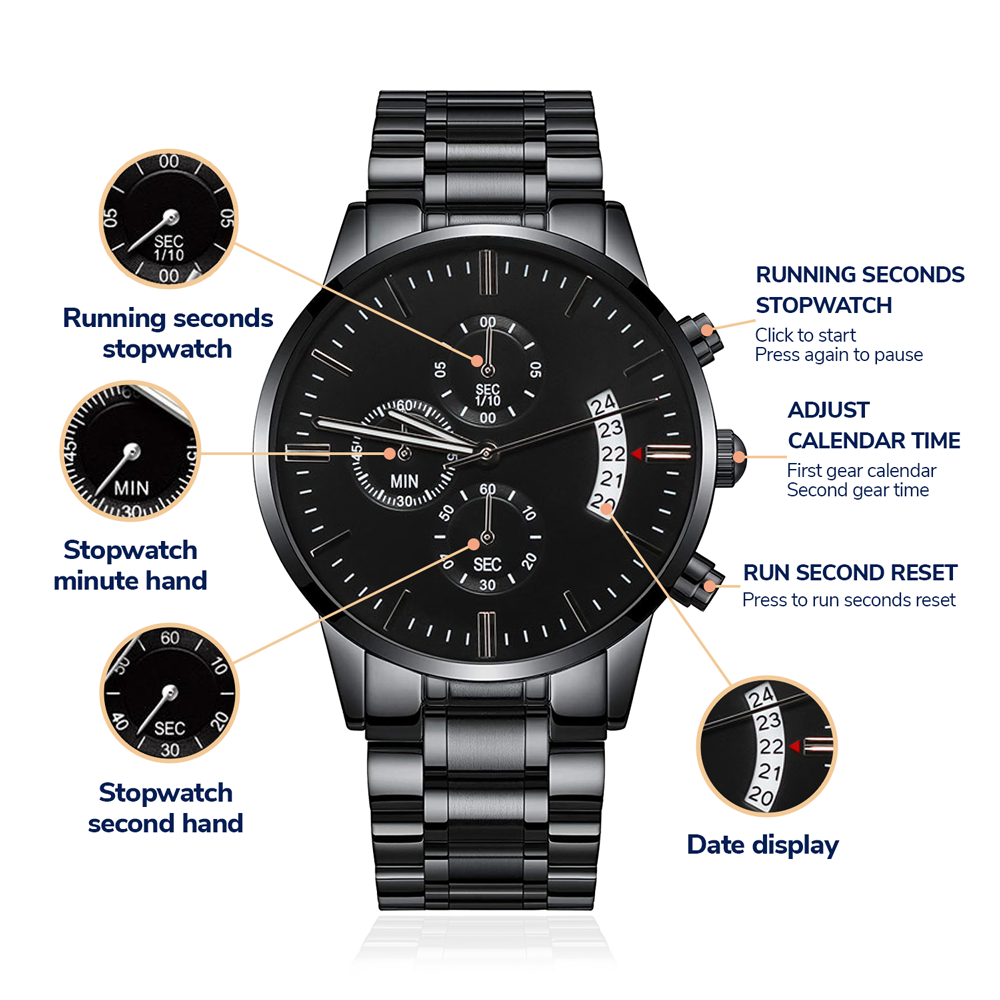 PERSONALIZED ENGRAVED BLACK CHRONOGRAPH WATCH