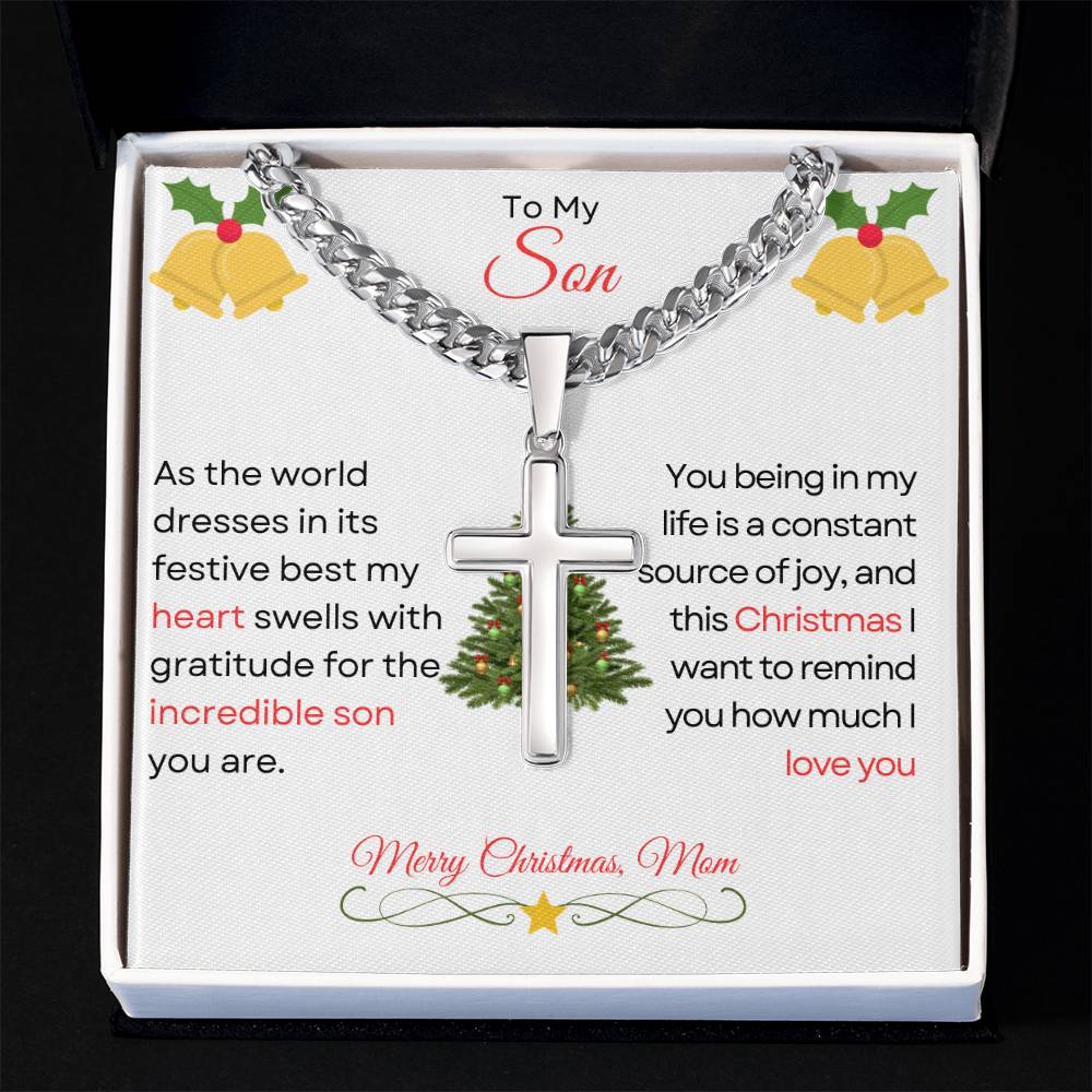 TO MY SON | MERRY CHRISTMAS | FROM MOM | CUBAN CHAIN WITH ARTISAN CROSS NECKLACE