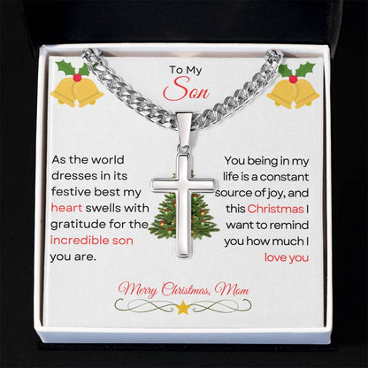 TO MY SON | MERRY CHRISTMAS | FROM MOM | CUBAN CHAIN WITH ARTISAN CROSS NECKLACE
