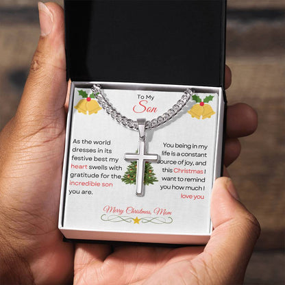 TO MY SON | MERRY CHRISTMAS | FROM MOM | CUBAN CHAIN WITH ARTISAN CROSS NECKLACE