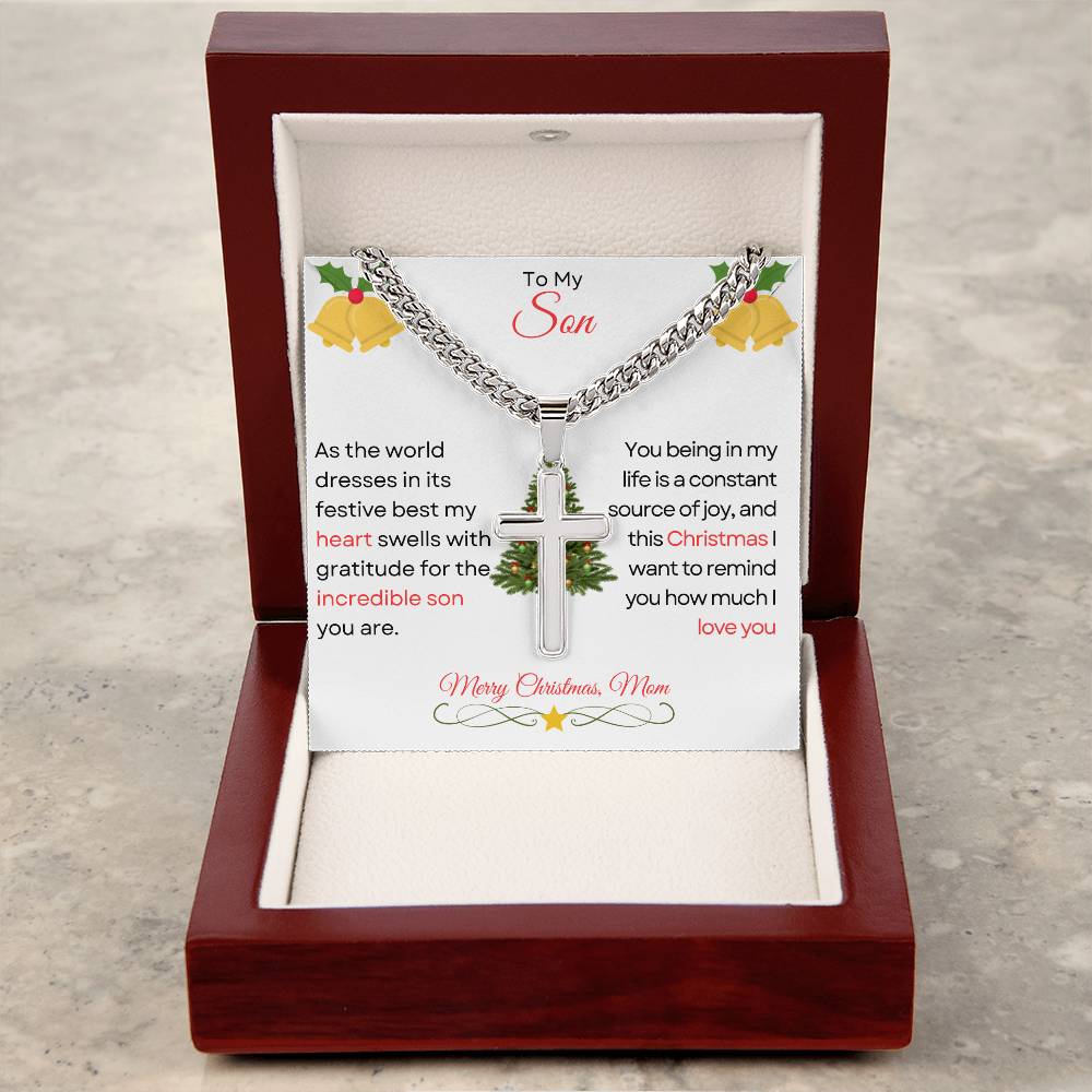 TO MY SON | MERRY CHRISTMAS | FROM MOM | CUBAN CHAIN WITH ARTISAN CROSS NECKLACE