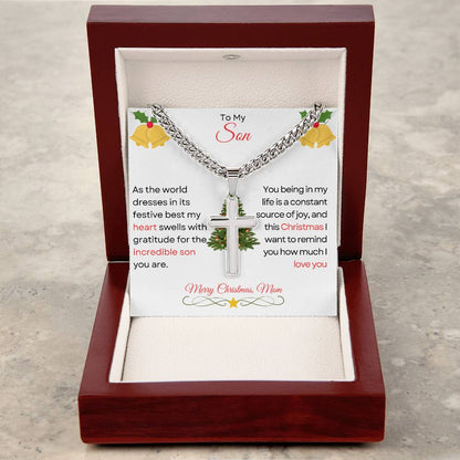 TO MY SON | MERRY CHRISTMAS | FROM MOM | CUBAN CHAIN WITH ARTISAN CROSS NECKLACE