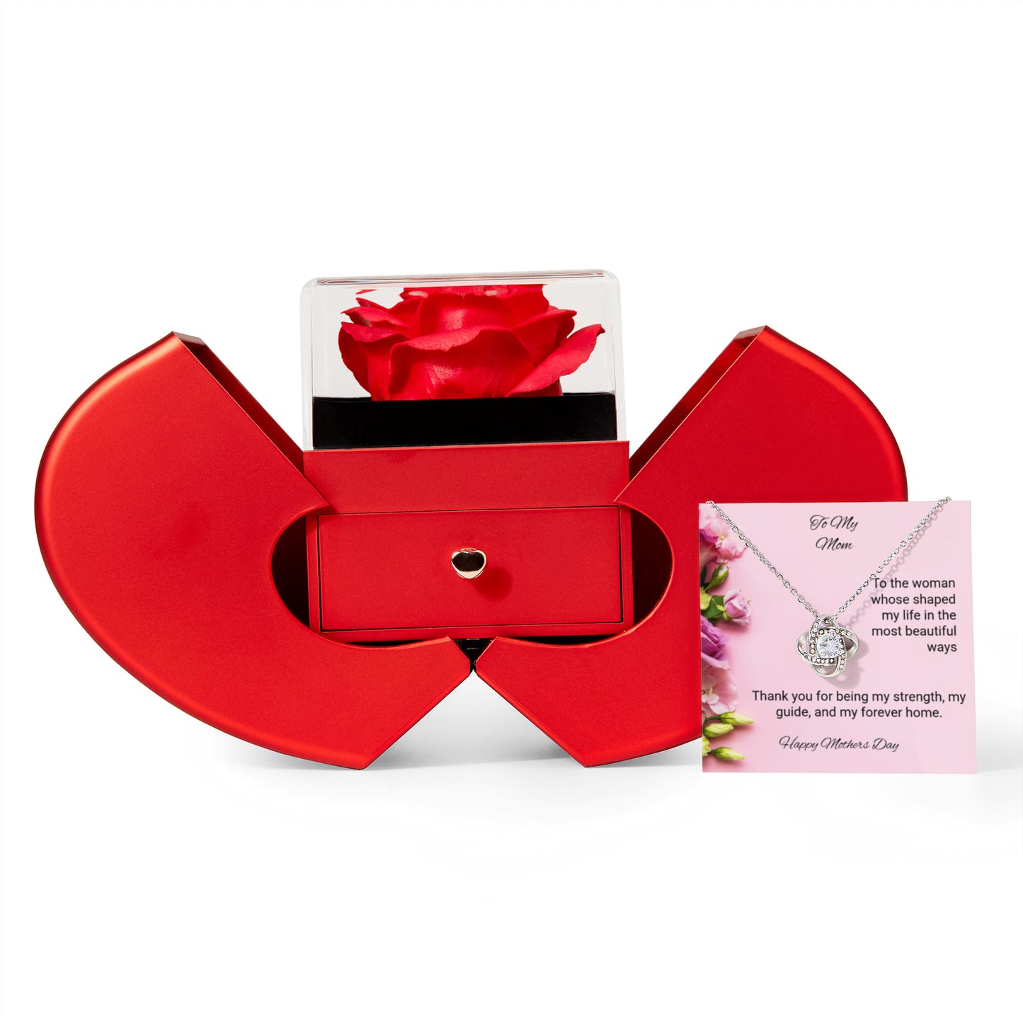 TO MY MOM | HAPPY MOTHER'S DAY | LOVE KNOT NECKLACE WITH RED HEART ROSE BOX