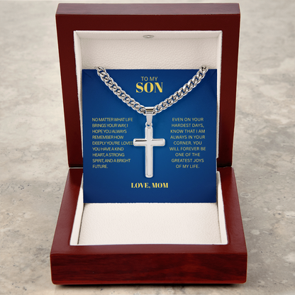 TO MY SON | LOVE MOM | ARTISAN CROSS WITH CUBAN LINK CHAIN