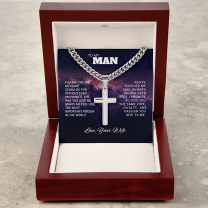 TO MY MAN | LOVE, YOUR WIFE | ARTISAN CROSS NECKLACE WITH CUBAN LINK CHAIN