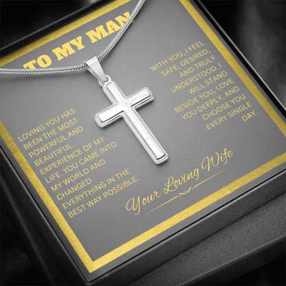 TO MY MAN | YOUR LOVING WIFE | ARTISAN CROSS NECKLACE WITH SNAKE CHAIN