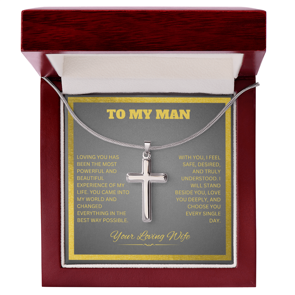 TO MY MAN | YOUR LOVING WIFE | ARTISAN CROSS NECKLACE WITH SNAKE CHAIN