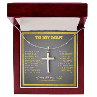 TO MY MAN | YOUR LOVING WIFE | ARTISAN CROSS NECKLACE WITH SNAKE CHAIN