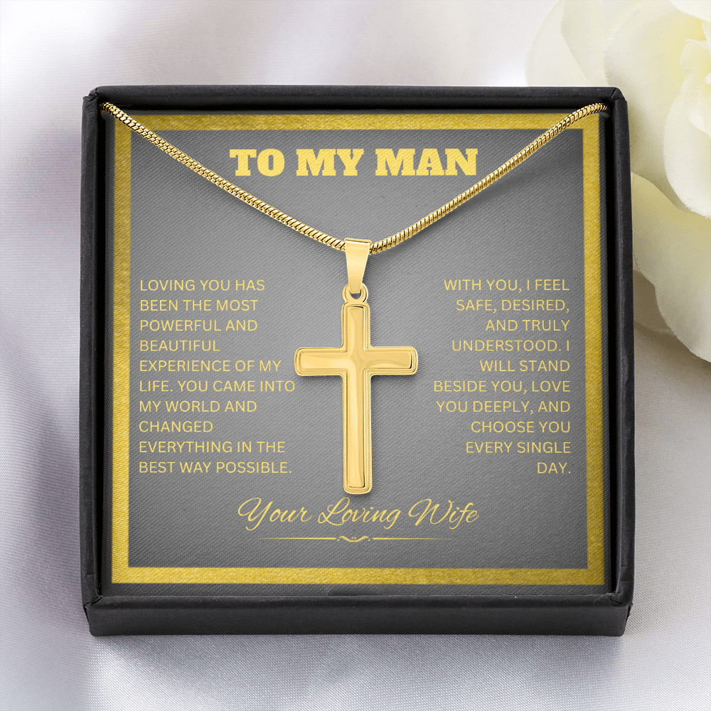 TO MY MAN | YOUR LOVING WIFE | ARTISAN CROSS NECKLACE WITH SNAKE CHAIN
