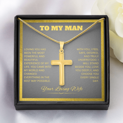 TO MY MAN | YOUR LOVING WIFE | ARTISAN CROSS NECKLACE WITH SNAKE CHAIN