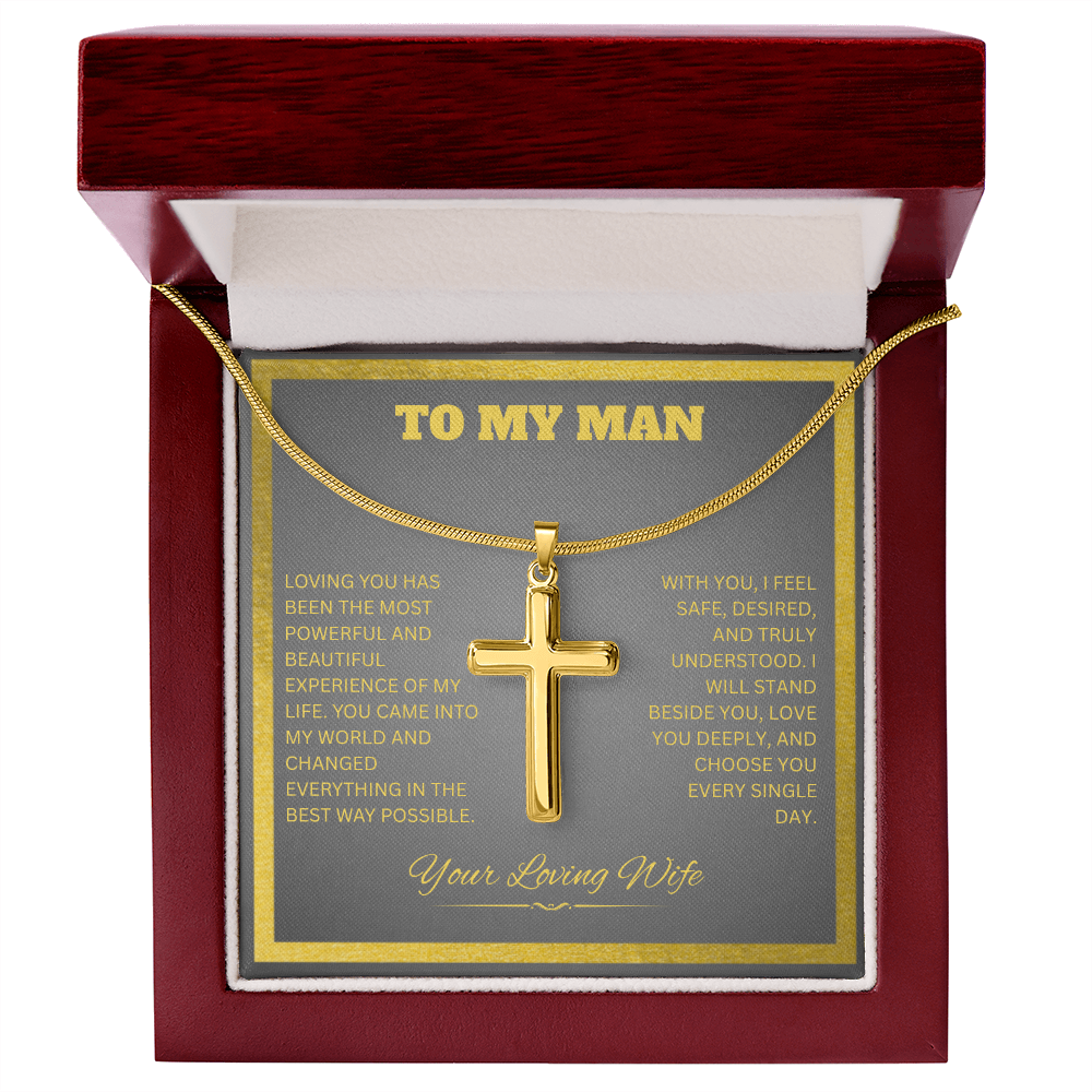 TO MY MAN | YOUR LOVING WIFE | ARTISAN CROSS NECKLACE WITH SNAKE CHAIN
