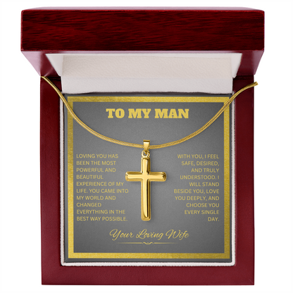 TO MY MAN | YOUR LOVING WIFE | ARTISAN CROSS NECKLACE WITH SNAKE CHAIN