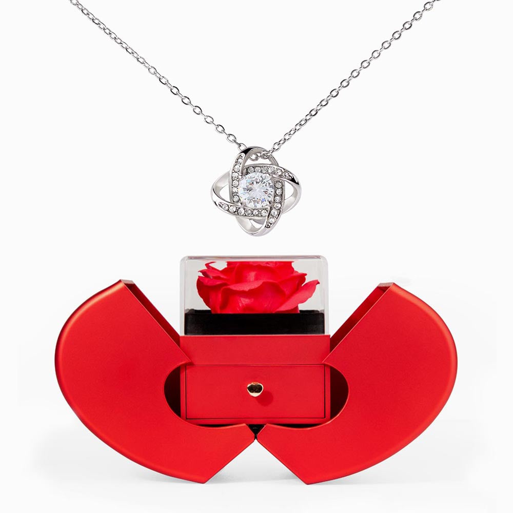 LOVE KNOT NECKLACE WITH RED HEART ROSE BOX