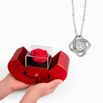 LOVE KNOT NECKLACE WITH RED HEART ROSE BOX