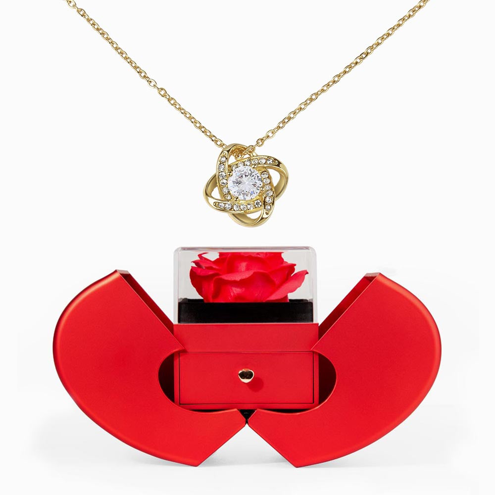 LOVE KNOT NECKLACE WITH RED HEART ROSE BOX