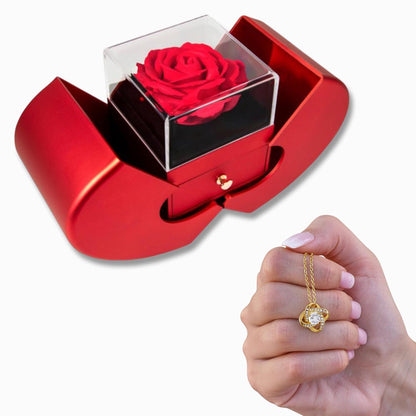 LOVE KNOT NECKLACE WITH RED HEART ROSE BOX