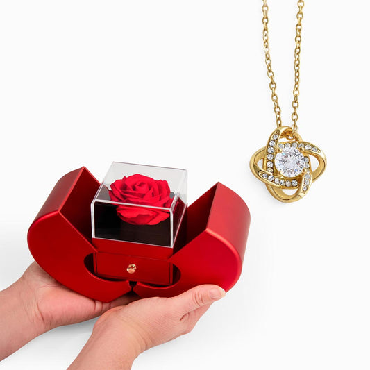 LOVE KNOT NECKLACE WITH RED HEART ROSE BOX