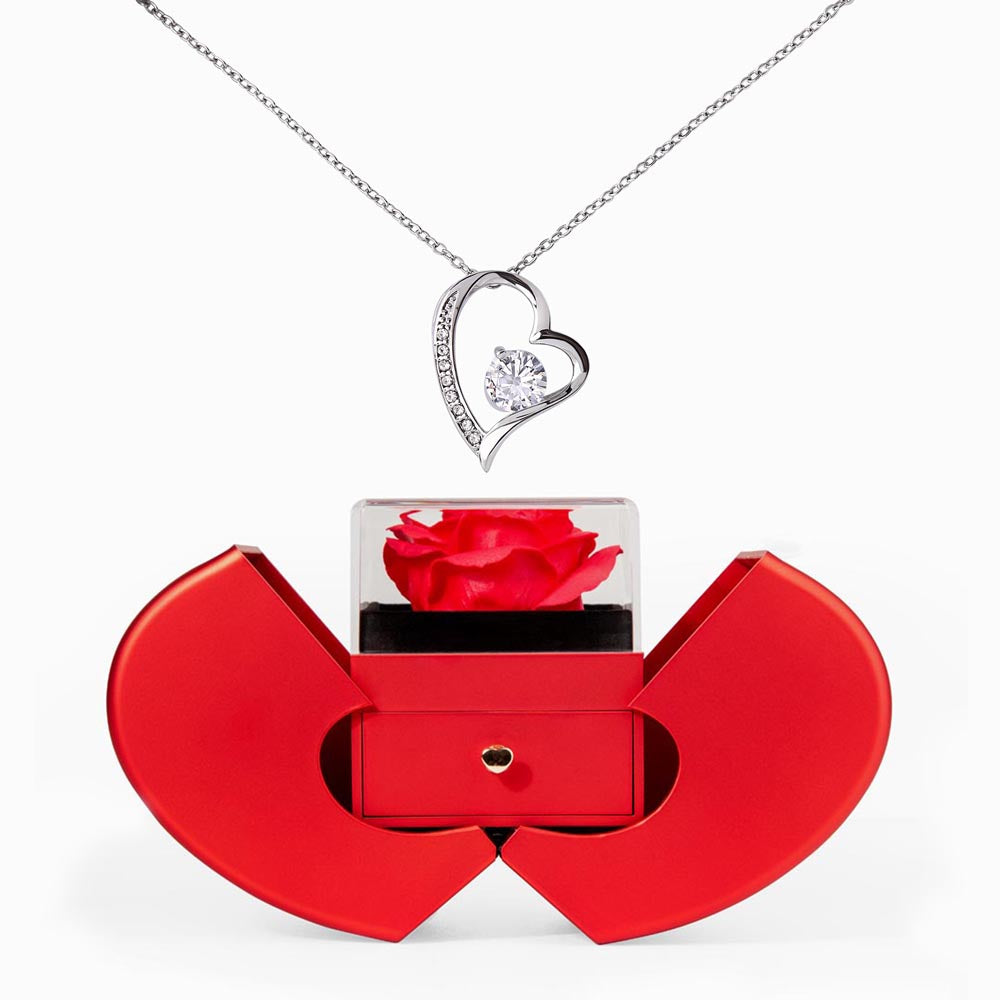 FOREVER LOVE NECKLACE WITH RED HEART ROSE BOX