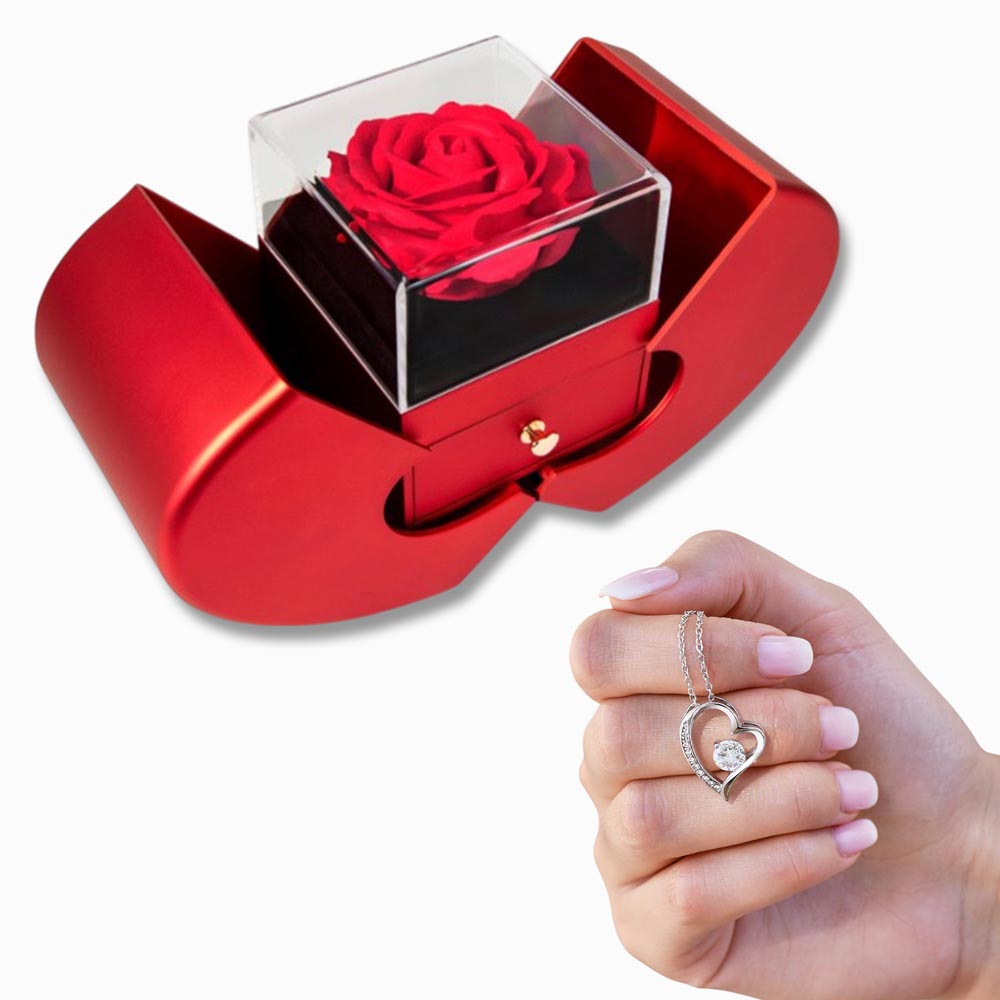 FOREVER LOVE NECKLACE WITH RED HEART ROSE BOX