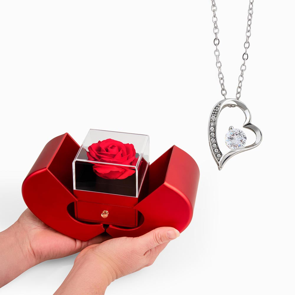 FOREVER LOVE NECKLACE WITH RED HEART ROSE BOX