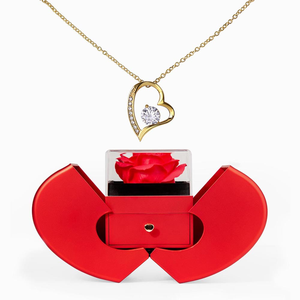 FOREVER LOVE NECKLACE WITH RED HEART ROSE BOX