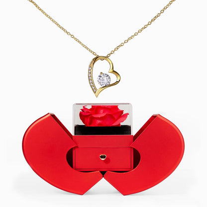 FOREVER LOVE NECKLACE WITH RED HEART ROSE BOX