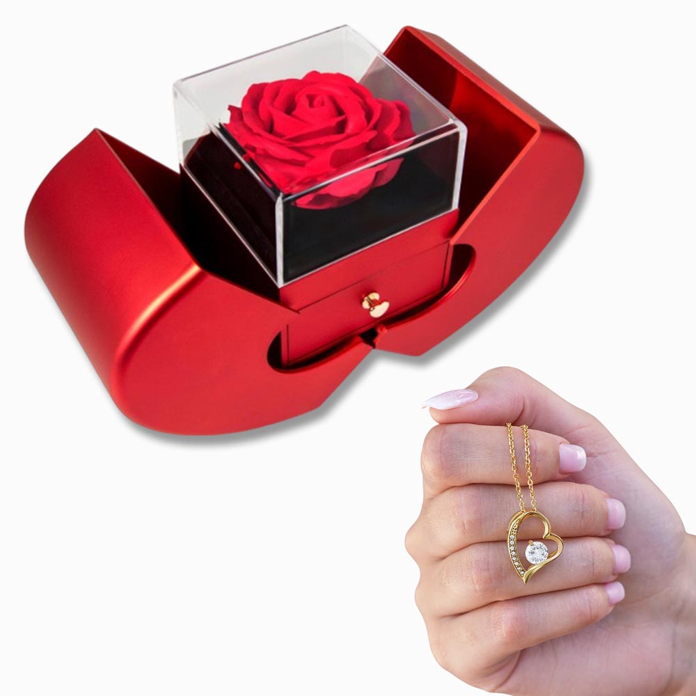 FOREVER LOVE NECKLACE WITH RED HEART ROSE BOX