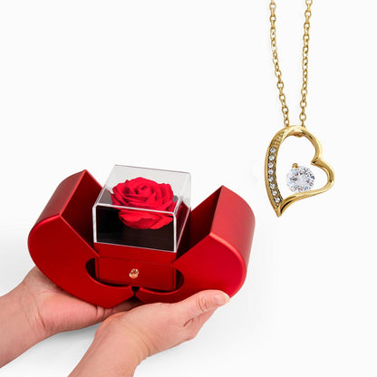 FOREVER LOVE NECKLACE WITH RED HEART ROSE BOX